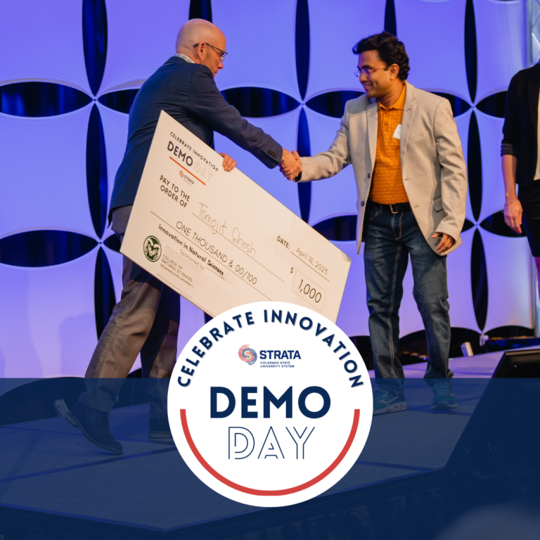Photo of a Demo Day winner receiving a large check with the "Celebrate Innovation" Demo Day logo overlaid.