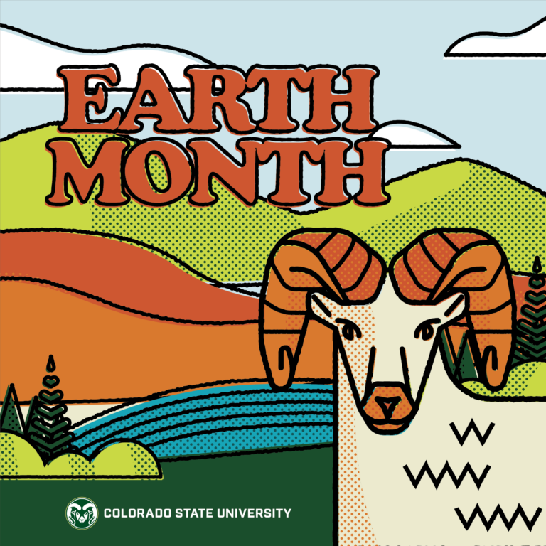 Earth Month at Colorado State University; illustration with ram in the foreground of rolling hills.